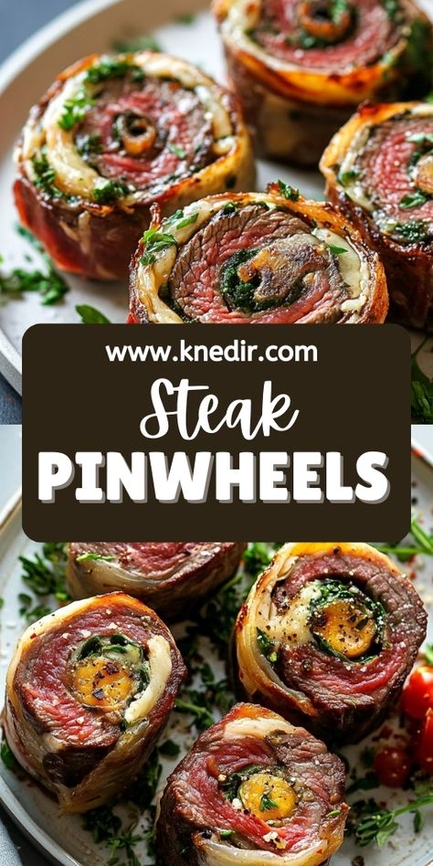 Looking for a delicious and easy dinner idea? These Steak Pinwheels are the perfect choice! Juicy steaks rolled up with savory fillings like cheese, herbs, and spices – an impressive yet simple meal for any occasion. Whether it's for a family dinner or a special celebration, these steak pinwheels are sure to be a hit! Try this easy recipe today! 🍽️ #SteakPinwheels #BeefRecipes #EasyDinner #DinnerIdeas #RecipeInspiration #FamilyMeals #MealPrep #HealthyRecipes Cheesy Spinach And Mushroom Stuffed Steak Rolls, Steak Puff Pastry Recipes, Tinfoil Dinners Oven, Steak Pinwheels In Air Fryer, Skirt Steak Roll Up Recipes, Steak Pin Wheels, Steak Florentine Pinwheels, Flank Steak Pinwheels Recipes, Skirt Steak Pinwheels Recipes