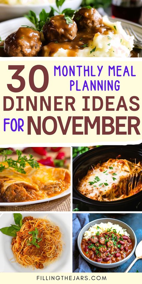 Plan your November meals with this hearty menu of cozy fall dinners. This monthly meal plan includes family dinner recipes perfect for fall weather. From fall crockpot meals to seasonal recipes, you’ll find November dinner ideas that make meal planning easier. Get inspired with these delicious meals for November and enjoy simple, cozy fall dinners. A Month Of Dinner Ideas, Newlywed Meals Easy Dinners, Monthly Meal Planning Ideas, Veterans Day Meal Ideas, November Monthly Meal Plan, Cheapest Meals For One, Fall Weather Dinner Ideas, Weekly Dinner Menu Ideas Families Easy Meals, Weeknight Dinner Plan