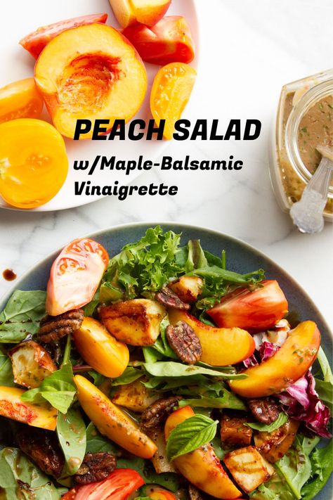 Fall Peach Salad, Fall Salad With Maple Dressing, Peach White Balsamic Vinegar Recipe, Maple Balsamic Vinaigrette, Peach Balsamic Vinegar Recipes, Peach White Balsamic Vinegar, Roasted Celery, Maple Balsamic Dressing, Grilled Vegetable Salads