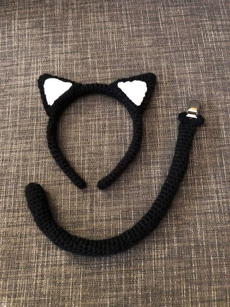 Crocheted Black Cat Ear Headband/ Clip on Tail - Etsy Crochet Cat Ear Headband, Crochet Cat Headband, Cat Ears Crochet, Crochet Cat Ears, Black Cat Ears Headband, Cat Ears And Tail, Cat Headband, Cat Ear Headband, Suspender Clips