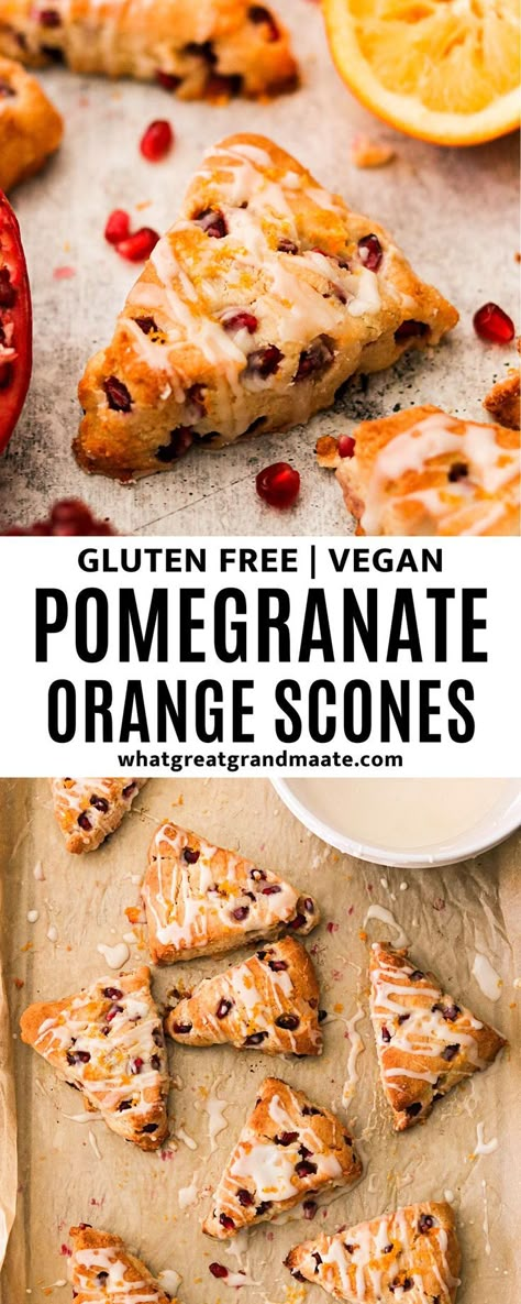 These gluten free and vegan pomegranate orange scones are flaky and bettery, and go perfectly with a hot cup of coffee! You can even substitute pomegranate with cranberries if you want, and they are perfect for a holiday brunch. Baking With Pomegranate Seeds, Pomegranate Baked Goods, Recipes Using Pomegranates, Pomegranate Vegan Recipes, What To Make With Pomegranate, Pomegranate Pastries, Pomegranate Baking, Vegan Pomegranate Recipes, Pomagranet Recipe Dessert