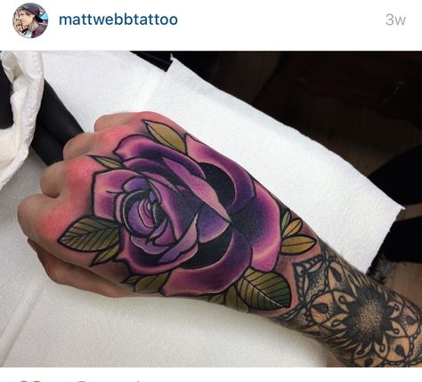 Purple rose on hand tattoo Flower Tattoo Men, Purple Flower Tattoo, Purple Flower Tattoos, Purple Rose Tattoos, Purple Tattoos, Rose Hand Tattoo, Rose Tattoos For Men, Forarm Tattoos, Hand Tats