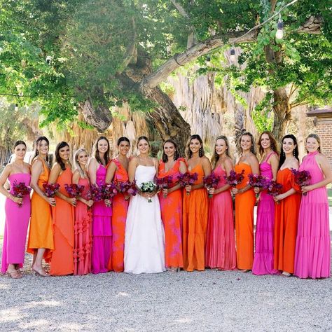 Fiesta Wedding Bridesmaids, Mexican Inspired Bridesmaid Dresses, Sunset Bridesmaids Dresses, Mexican Wedding Dress Bridesmaid, Pink And Orange Wedding Theme Bridesmaid Dresses, Tropical Bridesmaids Dresses, Bright Colored Bridesmaid Dresses, Mexican Wedding Bridesmaids Dresses, Pink And Orange Bridesmaids