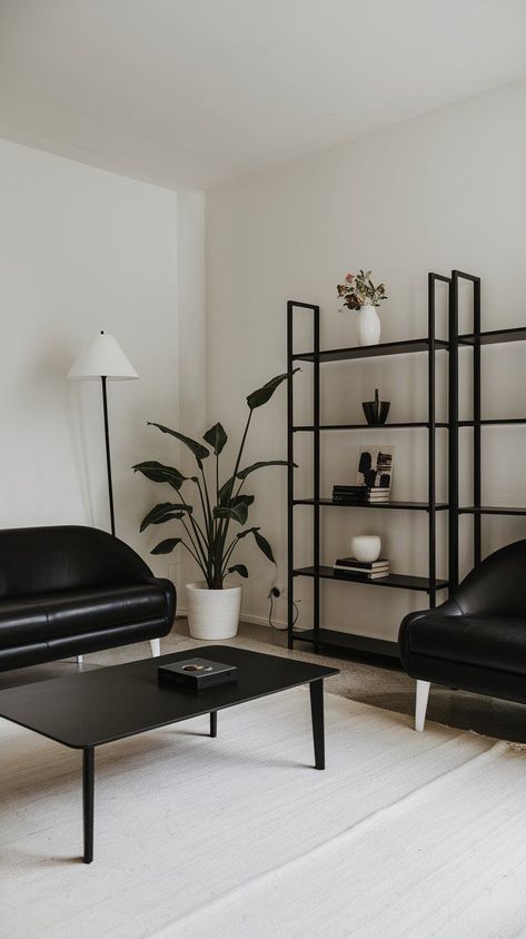 Black Modern Decor Living Room, Neutral Apartment With Black Accents, Black Living Room Accents, Minimalist Living Room Black, Apartment Aesthetic Dark, Black Apartment Aesthetic, Black Living Room Ideas, Black Apartment, Minimal Apartment