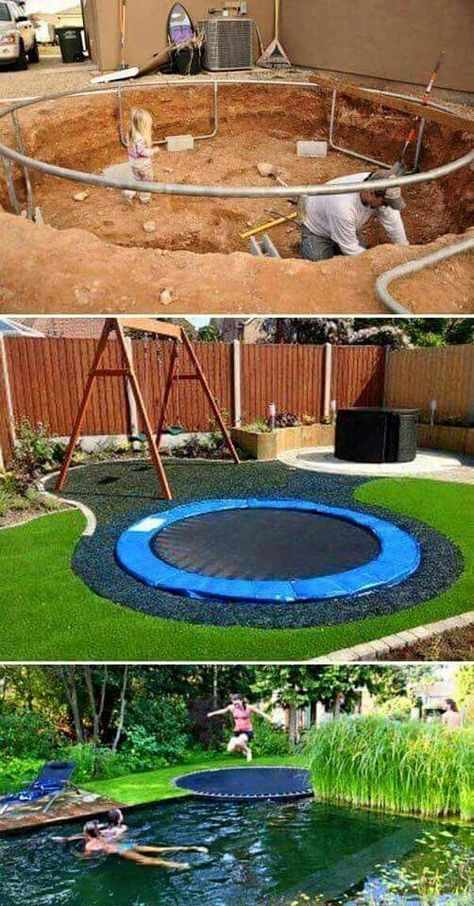 Sunken Trampoline, Koti Diy, Backyard Trampoline, Backyard Diy Projects, Dream Backyard, Backyard Projects, Backyard Fun, Diy Backyard, Backyard Decor