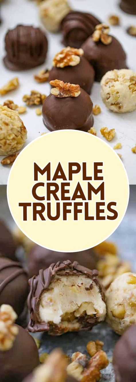 Chocolate Maple Cream Truffles Maple Cream Filled Chocolates, Maple Cream Chocolate Candy, Chocolate Covered Maple Cream Candy, Buttercream Truffles Recipe, Maple Cream Candy, Maple Truffles, Cake Mix Truffles, Cream Filled Chocolates, Maple Candy Recipe