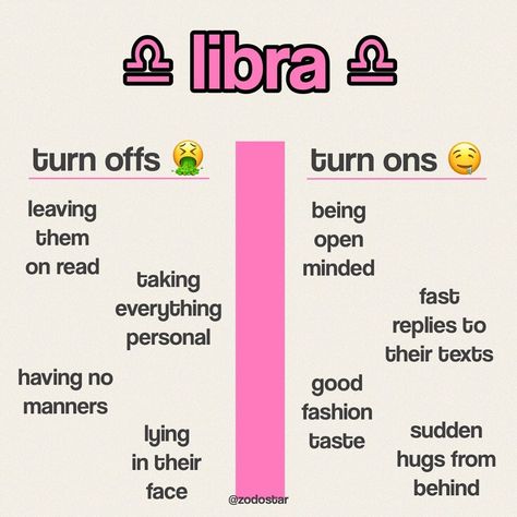 2,670 Likes, 49 Comments - Astrology ~ Zodiac ~ Memes 💕 (@zodostar) on Instagram: “turn offs VS turn ons of the signs 💕 • Here’s Part 2 🌻 ~Can't find your sign? Visit my account…” Libra Turn Ons, Turn Offs, Sidereal Astrology, Hug From Behind, Selfish People, Rude People, Astrology Libra, Libra Quotes, Good Manners