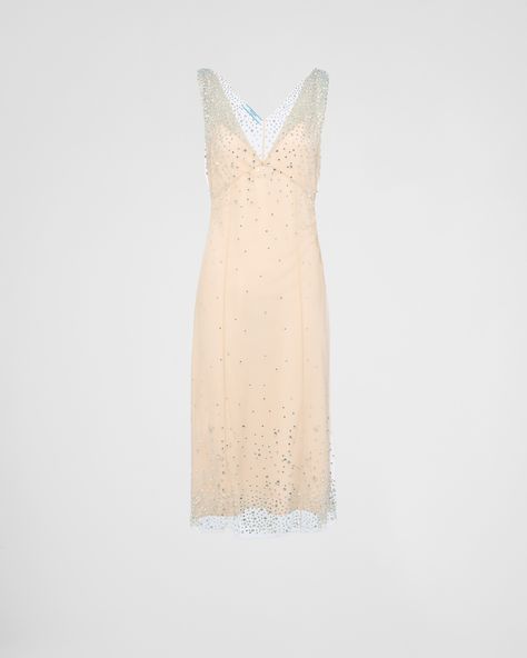 Prada Dress, Embroidered Tulle Dress, Tulle Midi Dress, Contemporary Dresses, Embroidered Tulle, Feminine Design, Crystal Embellishment, Dress C, Bergdorf Goodman