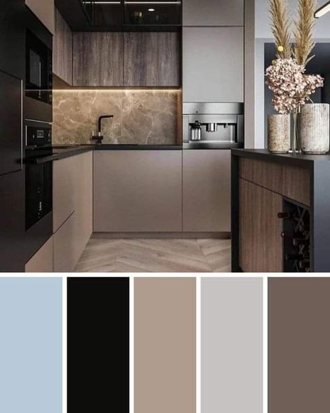 Black And Light Grey Kitchen, Coffee Colour Kitchen, Modern Kitchen Cabinet Design, Beige Kitchen, Modern Kitchen Interiors, Kitchen Interior Design Decor, Kitchen Interior Design Modern, Kitchen Design Plans, Modern Kitchen Cabinets