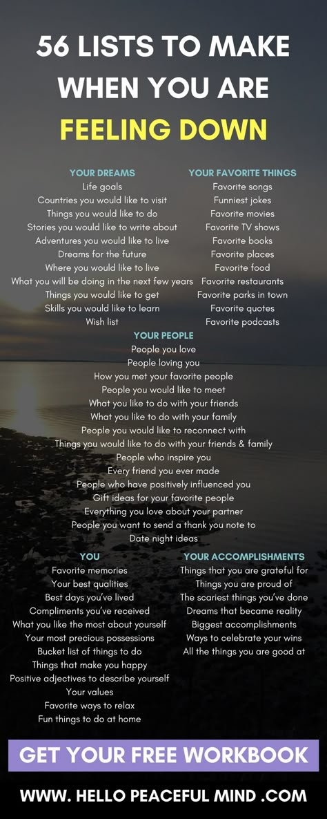 Are you feeling down? Here are easy lists to make to help you be more positive! Go to www.HelloPeacefulMind.com to download the FREE workbook! 1000 Life Hacks, Spa Water, Free Workbook, Vie Motivation, Lists To Make, Life Tips, Feeling Down, Healthy Mind, Coping Skills