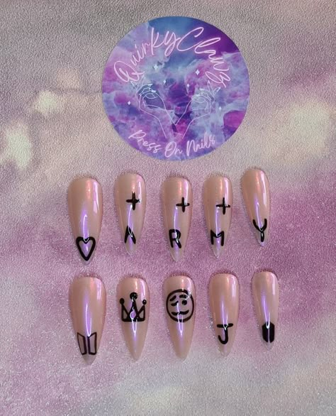 BTS Jungkook Hand Tattoos Themed Hand Painted Press on Nails Jungkook Nails Designs, Jungkook Nails Ideas, Nails Mid Length, Jungkook Inspired Nails, Jungkook Nails, Nail Designs Kpop Inspired, Nail Bts, Namjoon Inspired Nails, Bts Inspired Nail Art