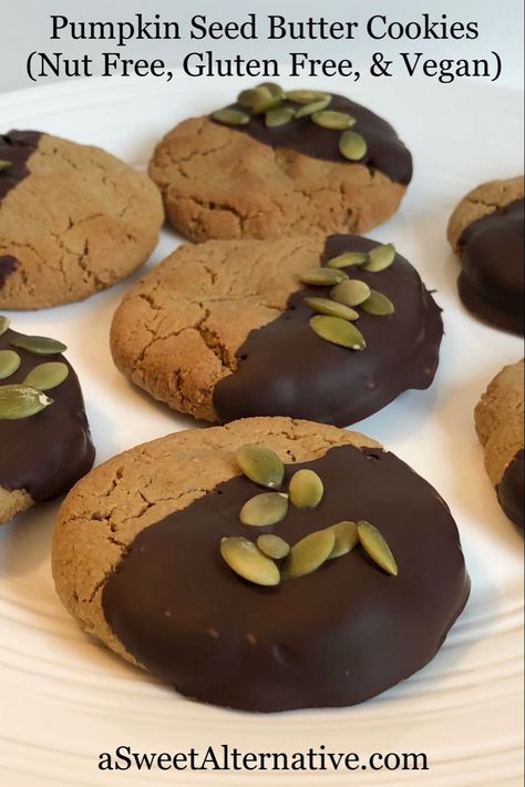 Pumpkin seed butter cookies on a white plate. Coconut Flour Peanut Butter Cookies, Homemade Coconut Flour, Cookies With Coconut Flour, Pumpkin Seed Cookies, Coconut Flour Desserts, Coconut Flour Pumpkin Bread, Homemade Pumpkin Seeds, Nut Free Cookies, Cookies With Coconut