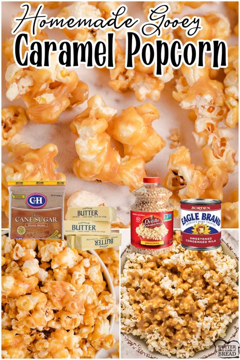 Gooey Caramel Popcorn, Carmel Popcorn Puffs Recipe, Carmel Popcorn Recipe Gooey, Carmel Popcorn Recipe, Carmel Corn Recipe, Caramel Puffed Corn Recipe, Soft Caramel Popcorn, Caramel Popcorn Recipe Easy, Popcorn Butter