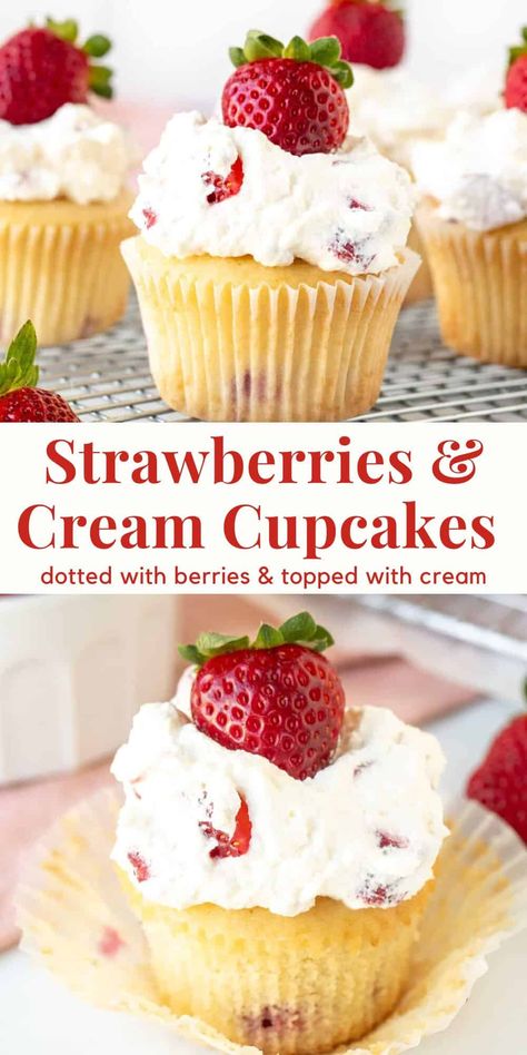 These delicious strawberries and cream cupcakes are perfect for strawberry season. Moist vanilla cupcakes dotted with strawberry pieces and topped with whipped cream and berries. No fancy decorating skills required and so delicious! #strawberry #strawberriesandcream #whippedcream #strawberrycupcakes #strawberriesandcreamcupcakes from Just So Tasty Strawberry And Vanilla Cupcakes, Vanilla Fruit Cupcakes, Vanilla Cupcakes With Strawberries, Berries And Cream Cupcakes, Vanilla Cupcakes With Strawberry Icing, Strawberry Jam Cupcakes, Strawberry And Cream Cupcakes, Strawberry Cream Cupcakes, Strawberry Milkshake Cupcakes