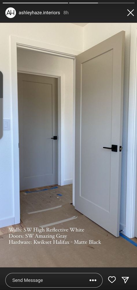 Not White Doors, White Hallway With Colored Doors, House Doors Colors Interior, White Walls With Grey Doors, Grey Door White Trim, Door Paint Interior, Grey Indoor Doors Interior Design, Beige Closet Door, Grey Interior Doors And Trim