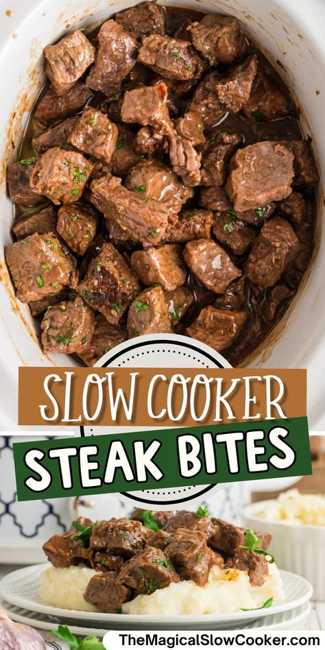 Making the most tender steak bites just got so much easier. Sirloin or beef stew meat is paired with au jus gravy mix, beef stock, butter, and a few classic table seasonings. This delicious recipe takes just minutes to prepare and can be on the dinner table in just a couple of hours. If you're looking for an easy weeknight meal with rich flavor and fall apart tender meat, this is the recipe to try! Sirloin Ball Tip Steak Recipes, Stew Meat Recipes Crock Pot Gluten Free, Steaks Crockpot Recipes, Beef Sirloin Tips Recipe Crock Pot, Beef And Broccoli Crock Pot Stew Meat, Steak Bits Crockpot, Sirloin Tips Crock Pot Recipes, Stew Meat In Crockpot Recipes, Beef Tips Freezer Meal