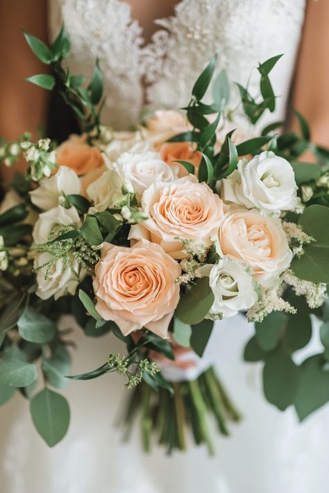 These 71 peach wedding bouquets are the epitome of elegance and charm. From soft pastels to deep peach tones, there’s something for every style. Get inspired by these stunning arrangements for your special day. Don’t miss out on this gorgeous collection! #peachbouquets #weddinginspo #bridalstyle Pink And Peach Wedding Bouquet, Peach Bride Bouquet, Peach Colored Bouquet, Eucalyptus And Peach Wedding, Peach Bouquet Wedding, White And Peach Wedding Flowers, Pink And Peach Wedding Flowers, Peach Flowers Wedding, Peach And Ivory Wedding