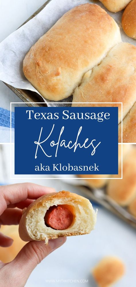 An authentic recipe Klobasnek, more commonly known as a Texas Sausage Kolache. Sweet yeast dough filled with your choice of sausage. Klobasnek Recipe, Kolache Recipe Czech, Sausage Kolache, Sausage Kolache Recipe, Cheese Kolache Recipe, Cream Cheese Kolache Recipe, Sweet Yeast Dough, Kolache Recipe, Sugar Dough