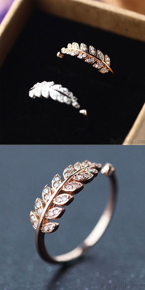 Sweet Leaves Shape Diamond-bordered Silver Pure Feather Open Ring  #ring #feather #wings #angel #jewelry Geometric Silver Jewellery, Ladies Silver Rings, Silver Jewelry Diy, Unique Rings Vintage, Silver Rings With Stones, Angel Jewelry, Feather Wings, Fine Silver Jewelry, Diamond Solitaire Ring