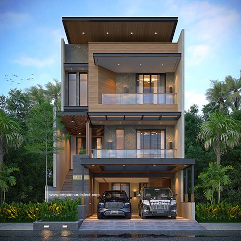 "1871st Design" . This house design is owned by our client in West Jakarta. This modern style house looks stunning with a classy impression. Featuring luxurious materials such as marble and dominant wood. Now the atmosphere of the house feels fresher with openings that are designed wide, so that natural light and air are obtained optimally. . The 3rd design of September, 245th design of year 2023, 1871st design overall Our Portfolio : Mr. YDH 1871 Modern House 3 Floors Design - Jakarta Barat ... House 3 Floors, Mediterranean House Design, Small House Design Architecture, 3 Storey House Design, Emporio Architect, Villa Design Architecture, Bali House, Classic House Design, Modern Villa Design