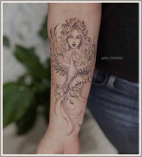 Camping Tattoo - If you found what you desire, it's very crucial that you take action immediately - Visit For More! Females Arm Tattoos, Fire Goddess Tattoos For Women, Phoenix Tattoo On Arm For Women, Goddess Sleeve Tattoos For Women, Goddess Shoulder Tattoo, Phoenix And Woman Tattoo, Mythical Sleeve Tattoos For Women, Mystical Woman Tattoo, Mystical Tattoos For Women Leg