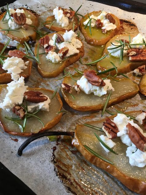 Pears With Goat Cheese, Honey Thyme Roasted Pears, Goat Cheese Stuffed Dates With Pistachios, Pears And Cheese, Pear Goat Cheese Appetizer, Baked Pears With Goat Cheese, Roasted Pear Salad Recipes, Roasted Pears Recipes, Pear Goat Cheese