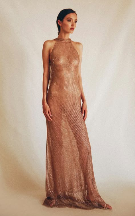 Runway 2023, Metallic Dresses, Body Art Photography, Transparent Dress, Art Outfits, Fashion Modeling, Mesh Maxi Dress, Transparent Fashion, Bohemian Clothing