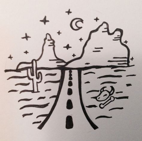 Simple desert scene Desert Road Tattoo, Desert Doodles, Desert Drawing Simple, Desert Drawings, Desert Scene Tattoo, Desert Drawing, Desert Tattoo, Cactus Doodle, Scene Tattoo