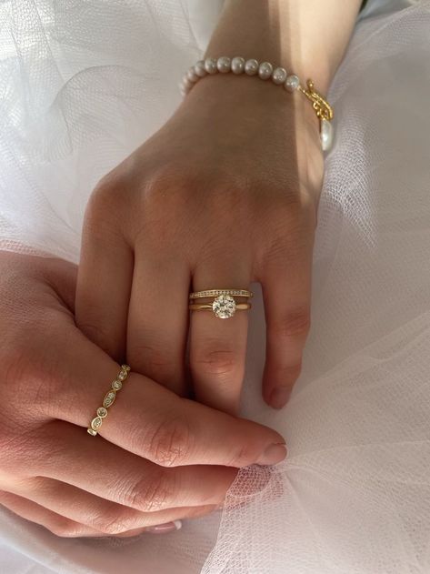 Channel Set Wedding Band Stack, Pearl Wedding Band Stack, Solitaire Ring With Channel Wedding Band Stacked, Chanel Set Wedding Band, Classic Gold Stackable Channel Set Rings, Gold Wedding Band Stack, Channel Set Engagement Rings Yellow Gold, Gold Wedding Band With Channel Set, Gold Channel Set Wedding Band