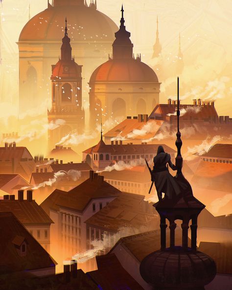 "Prague city " by Jocelin Carmes Mistborn The Final Empire, Prague City, My Fantasy World, Landscape Concept, Night Painting, Traditional Paintings, Environment Concept Art, Assassins Creed, Book Inspiration