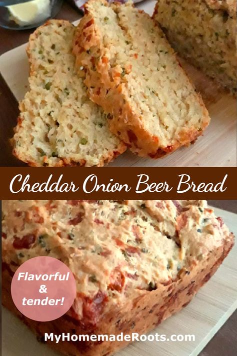 This Cheesy Beer Bread recipe is simple and delicious. With cheddar cheese and onions, this beer bread is savory and flavorful. It's perfect with soups and stews, or as a snack served warm and slathered with butter. #beerbread Cheddar Beer Bread Recipe, Cheesy Beer Bread Recipe, Onion Soup Bread, Dip For Beer Bread, Comfy Kitchen, Beer Bread Easy, Cheesy Pull Apart Bread, Bread Pull Apart Recipes, Beer Bread Recipe