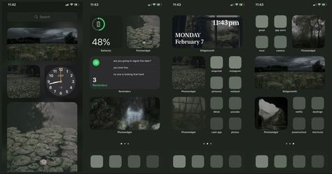 Iphone Widget Aesthetic Layout, Iphone Layout Green Aesthetic, Forest Phone Layout, Nature Themed App Icons, Ios Green Theme, Forest Green Homescreen, Phone Themes Aesthetic Green, Green Themed Homescreen, Dark Green Homescreen Layout