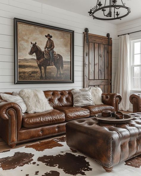 Greenhouse Living Room, Ranch Style Interior Design, Cowboy Living Room, Western Living Room Ideas, Western Ranch House, Moody Cabin, Electric Cowboy, Cowhide Living Room, Modern Western Home Decor