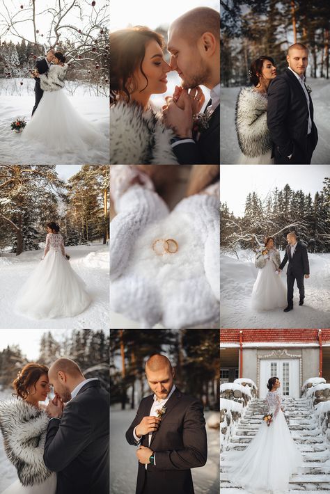 Weddings In The Snow, Wedding Snow Pictures, December Wedding Photography, Christmas Wedding Photo Ideas, Winter Wedding Ideas February, Winter Wedding Poses, Winter Wedding Portraits, Winter Wedding Photoshoot, Snow Wedding Pictures