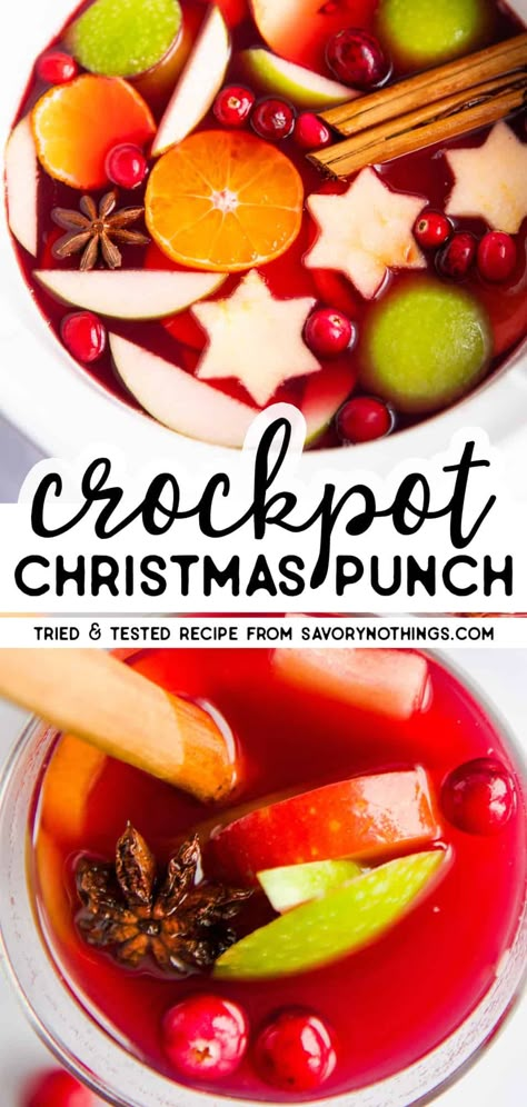 Make this crockpot Christmas punch for all of your holiday parties - it's SO easy, and incredibly festive. Serve it right from the slow cooker for a crowd pleasing party drink! Non-alcoholic recipe (with options to spike). | #christmas #christmasfood #christmasdrink #holidayrecipe #christmasrecipes #slowcooker #crockpot #punch #drink Slow Cooker For A Crowd, Hot Punch Recipe, Warm Christmas Drinks, Holiday Crockpot, Hot Christmas Drinks, Non Alcoholic Christmas Punch, Crockpot Party Food, Slow Cooker Drinks, Crockpot Drinks