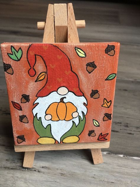 Fall Asthetic Paintings Easy, East Fall Painting Ideas, Things To Paint For Fall, Fall Nomes Painting, Halloween Gnome Painting Canvas, Fall Painting Inspo Easy, Fall Vibes Painting, Mini Halloween Canvas Paintings, Beginner Painting Ideas Easy Simple Fall