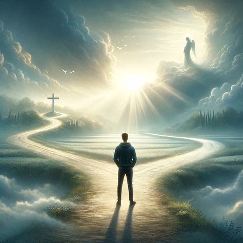 A serene and inspiring scene showing an individual standing at a crossroads in a beautiful, ethereal landscape. The crossroads symbolize a life decision, with one path shrouded in light and the other in shadows, representing the choice between following God's guidance or not. The person, depicted in a contemplative pose, gazes towards the path of light. The surroundings are tranquil, with a... Background Jesus, Crossroads In Life, Ethereal Landscape, Biblical Artwork, Following Jesus, Before The Flood, Bible Quiz, Gods Guidance, Jesus Christ Art