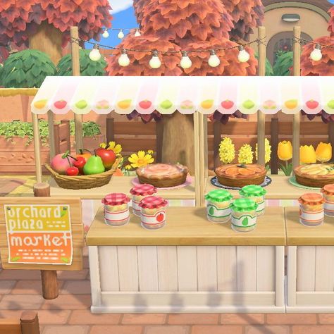 Acnh Orchard Stall Design, Animal Crossing Box Design, Acnh Orchard Design Code, Acnh Stall Market, Acnh Fruit Stand Design, Animal Crossing Fruit Market, Acnh Fruit Design Codes, Acnh Juice Stall, Stacked Bags Acnh