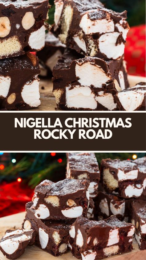 Nigella’s Christmas Rocky Road is made with dark and milk chocolate, butter, golden syrup, biscuits, nuts, cherries, marshmallows, and icing sugar, creating a festive treat that takes 2 hours and 20 minutes to prepare! Nigella Lawson Christmas Recipes, Christmas Rocky Road White Chocolate, Nigella Desserts, Rocky Road Ideas, Nigella Lawson Desserts, Nigella Lawson Christmas, Mars Bar Cake, Christmas Rocky Road, Nigella Christmas