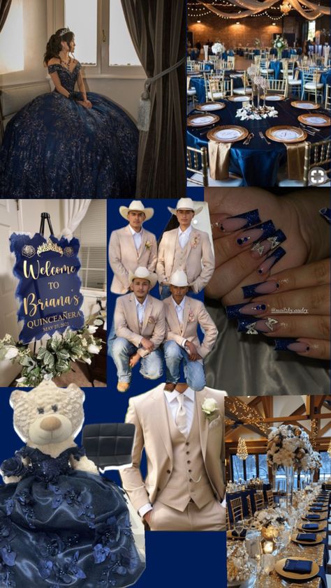 Navy Blue Gold Quinceanera Dresses, Quince Night Theme, Navy Blue And Gold Quinceanera Theme, Navy Blue And Gold Quinceanera Dresses, Royal Blue Quinceanera Theme Decorations, Quince Dresses Dark Blue, Navy Blue Quince Theme, Blue And Gold Quinceanera Theme, Navy Blue And Gold Quince