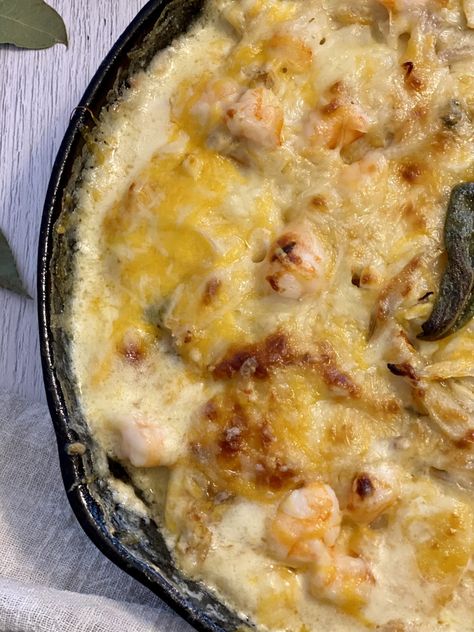 Crab and Shrimp Potato Au Gratin - Asili Glam Seafood Scalloped Potatoes, Seafood Au Gratin Recipes, Crab Meat Au Gratin Recipes, Seafood Gratin Recipe, Crab Baked Potato, Crab Potatoes, Seafood Potatoes Au Gratin, Shrimp And Crab Au Gratin, Crabmeat Augratin