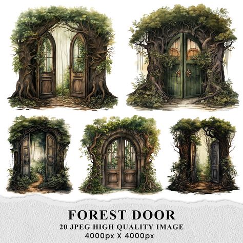 Magical Door Drawing, Fairy Door Drawing, Cottagecore Door, Forest Fairy Art, Forest Entrance, Fantasy Door, Watercolor Door, Forest Door, Door Clipart