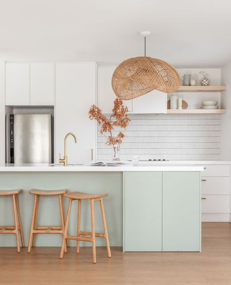 White And Timber Kitchen, Mint Green Decor, Pavilion House, Camden Park, Mint Kitchen, Coast Kitchen, Abi Interiors, Kitchen Boho, Timber Kitchen