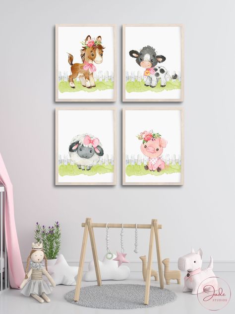 Set of 4 Farm Animal Prints - Pink, Nursery Wall Art, Nursery Farm Decor, Barnyard Nursery Prints, Kids Farm Animal Prints, Nursery prints, playroom prints, kids room prints, nursery wall art, girls room decor, girls wall art, baby girl prints, pink farm animals, pink farm prints, farm animal prints, cute animal prints, baby girl gifts, girls nursery prints Barnyard Nursery, Farm Animal Prints, Pink Nursery Wall, Animal Prints Nursery, Pink Nursery Walls, Farm Prints, Wall Art Girls Room, Playroom Prints, Prints Pink