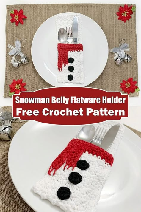 Crochet Utensil Holder, Crochet Silverware Holder, Crochet Cutlery Holder, Crotching Ideas, Kitchen Potholders, Snowman Patterns, Yarn Projects Crochet, Christmas Cutlery, Flatware Holder