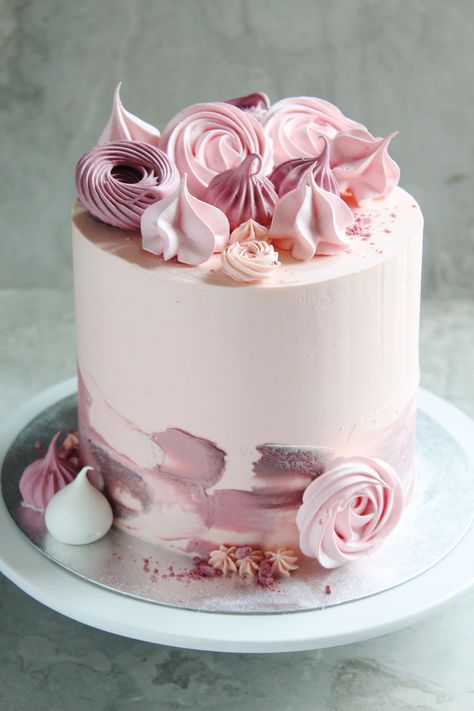 A light lemon and coconut cake topped with pink and purple meringues, and finished with textured buttercream Lemon And Coconut, Lemon And Coconut Cake, Cake With Flowers, Pretty Birthday Cakes, Coconut Cake, Pink Cake, Drip Cakes, Savoury Cake, Cake Toppings