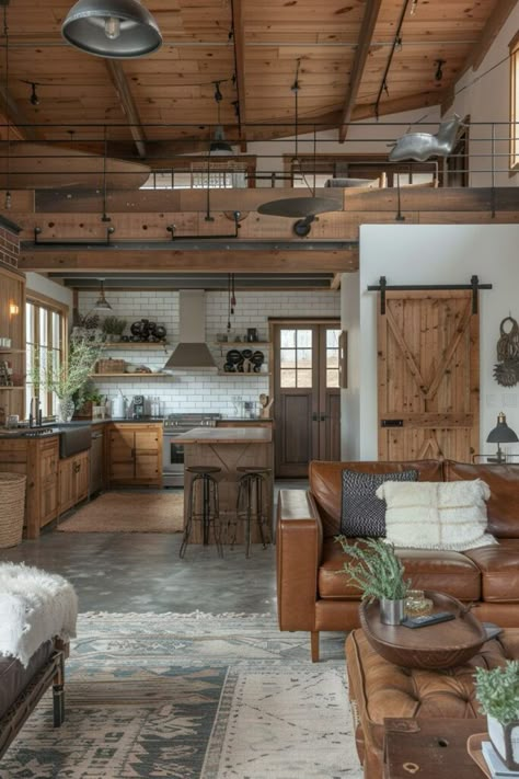 Versatile Barn Spaces Barndominium Rustic Interior, Barndominium Ideas Loft, Small Shop House Interior, Slide In House, Inside Barndominium, Modern Barn Interior, Barn Interior Ideas, Barn House Kitchen, Barndominium Interior Ideas