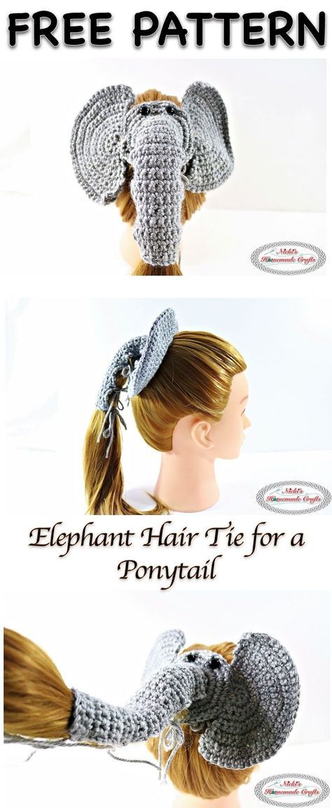 Elephant Hair Tie for a Ponytail for Girls - Free Crochet Pattern Elephant Hair, Ponytail Hat Crochet, Crochet Hair Accessories, A Ponytail, Crochet Elephant, Crochet Girls, Haken Baby, Crochet Headband, Crochet Beanie