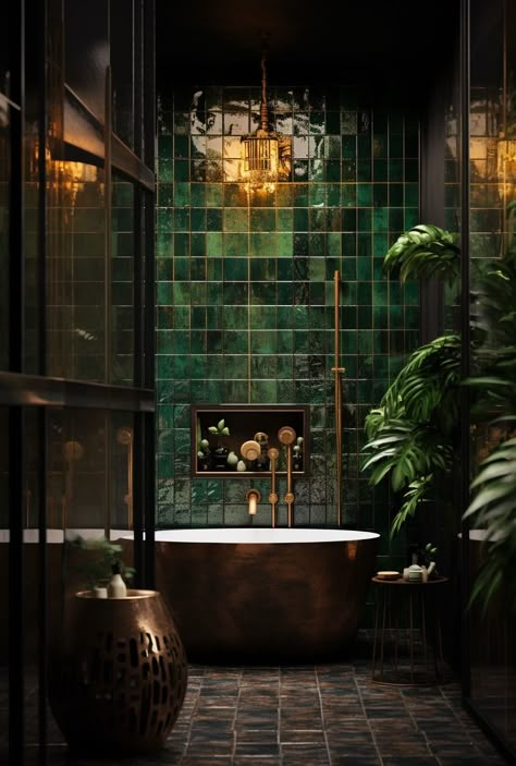 Drømme Bad, Baie Vintage, Dark Green Bathrooms, Green Tile Bathroom, Dark Bathrooms, Bathroom Inspiration Decor, Green Tile, Green Bathroom, Bathroom Renos