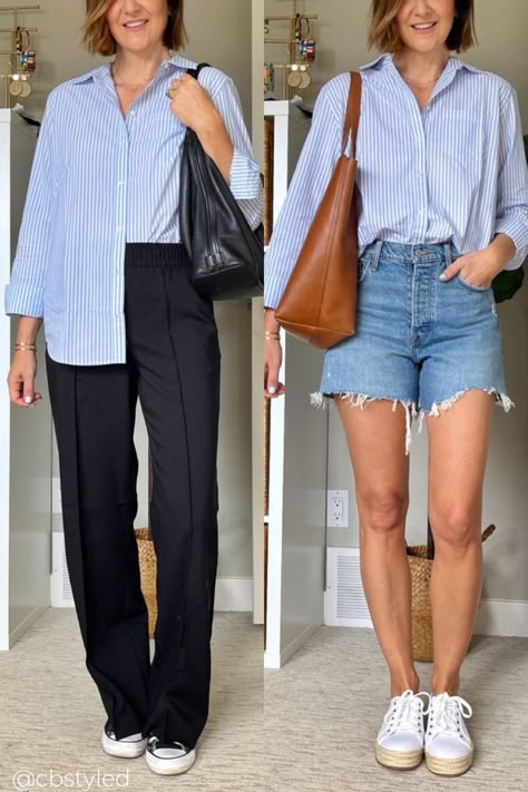 How to wear a button down top for women, how to style button down tops, button down top outfit idea for women Relaxed Button Down Shirt Outfit, How To Wear Striped Button Down Shirt, Light Blue Button Up Shirt Outfit Work, Womens Button Down Outfit, White Striped Button Down Shirt Outfit, Blue Button Down Outfit Women, Oxford Button Down Women Outfit, Striped Button Shirt Outfit Women, How To Wear Mens Button Up Shirts Women